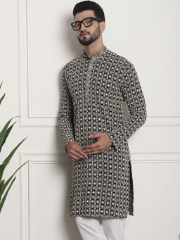 SOJANYA - Men Cotton Navy Blue Kurta with Designer All Over Embroidery