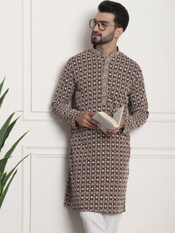 SOJANYA - Men Cotton Maroon Kurta with Designer All Over Embroidery