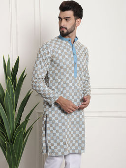 SOJANYA - Men Cotton Blue Kurta with Multi Colour Designer Embroidery