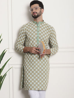 SOJANYA - Men Cotton Green Kurta with Multi Colour Designer Embroidery