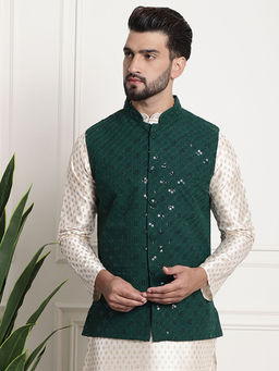 SOJANYA - Men Pure Cotton Sequence & Embroidered Green Nehru Jacket