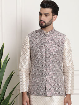SOJANYA - Men Jacquard Silk Wine Color Nehru Jacket