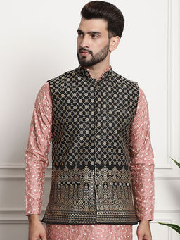 SOJANYA - Men Jacquard Silk Black Color Nehru Jacket with Traditional Work on Bottom