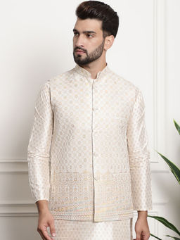 SOJANYA - Men Jacquard Silk Cream Color Nehru Jacket with Traditional Work on Bottom