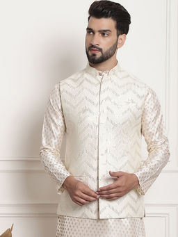 SOJANYA - Men Silk Blend Cream Sequence Embroidered Cream Color Nehru Jacket