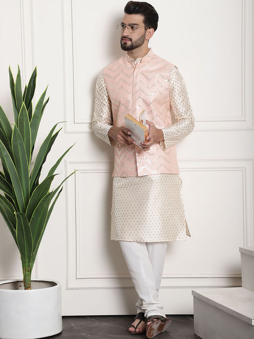 SOJANYA  Since 1958 Men's Ethnic Motifs Embroidered Sequinned Cotton Long Kurta