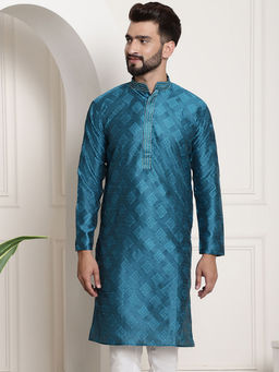 SOJANYA - Men Jacquard Silk Peacock Blue Embroidered Long Kurta