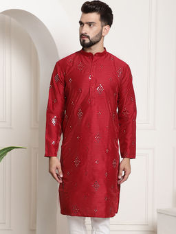 SOJANYA - Men Silk Blend Mirror Work Maroon Long Kurta