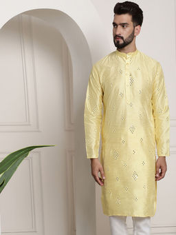SOJANYA - Men Silk Blend Mirror Work Gold Long Kurta