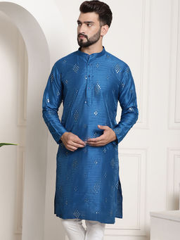 SOJANYA - Men Silk Blend Mirror Work Peacock Blue Long Kurta