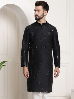 SOJANYA - Men Silk Blend Mirror Work Black Long Kurta