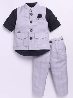 Little Collars - Grey Checks Shirt with Nehru Jacket and Pant (Set of 3)