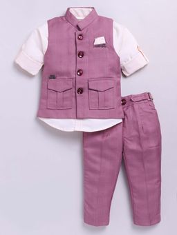 Little Collars - Lavender Checks Shirt with Nehru Jacket and Pant (Set of 3)