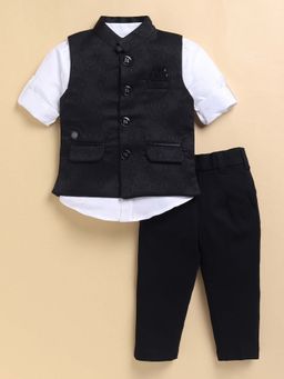 Little Collars - Black Self Design Shirt with Nehru Jacket and Pant (Set of 3)