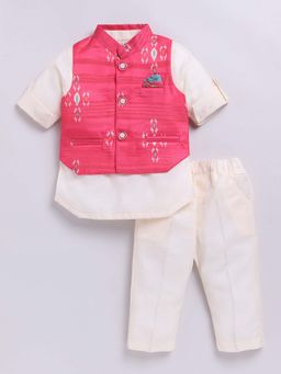 Little Collars - Pink Printed Kurta with Nehru Jacket and Pant (Set of 3)