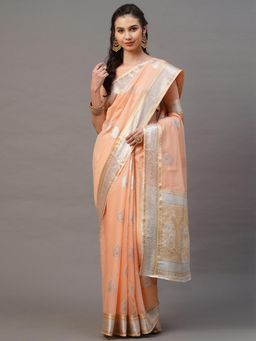 Akhilam - Peach Festive Silk Blend Woven Design Saree with Unstitched