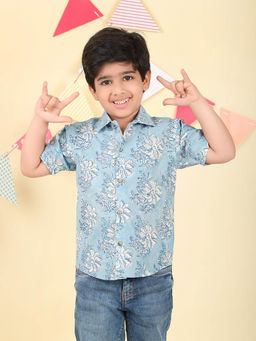 Fabindia - Blue Cotton Floral Printed Shirt