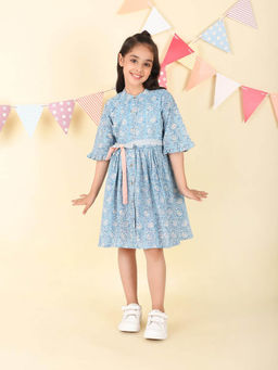 Fabindia - Blue Cotton Printed Dress with Belt