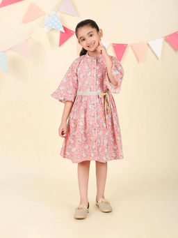 Fabindia - Pink Cotton Hand Block Printed Dress with Belt