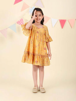 Fabindia - Yellow Cotton Silk Printed Dress