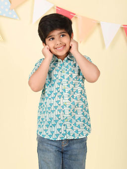Fabindia - Blue Cotton Hand Block Printed Shirt