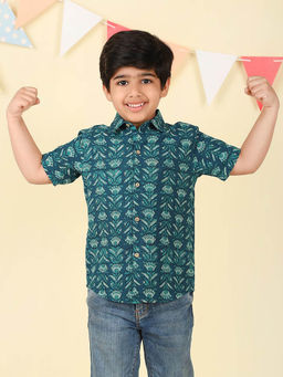 Fabindia - Teal Cotton Dabu Printed Shirt