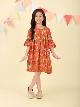 Fabindia - Orange Cotton Hand Block Printed Dress