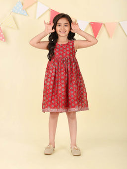 Fabindia - Red Cotton Silk Hand Block Printed Dress