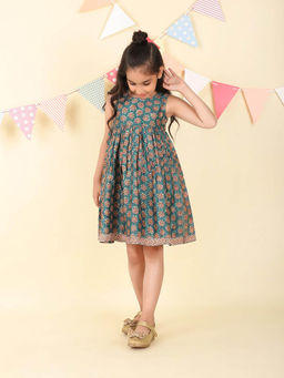 Fabindia - Teal Cotton Silk Hand Block Printed Dress