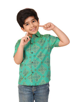 Fabindia - Green Cotton Hand Block Printed Shirt
