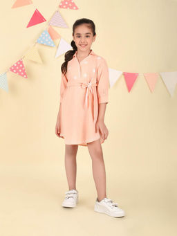Fabindia - Peach Cotton Blend Embroidered Dress with Belt