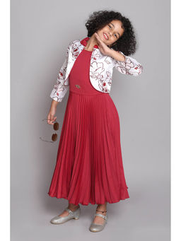 The Magic Wand - Red Solid Pleated Fit & Flare Party Gown with Jacket