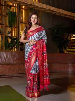 Beatitude - Pink Blue Ethnic Motifs Zari Silk Blend Patola Saree with Unstitched Blouse