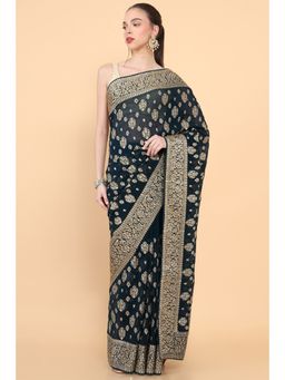 Soch - Women Blue Georgette Embroidered Saree with Unstitched Blouse