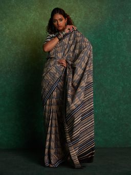 Likha - Beige Mulmul Handblocked Bagru Saree with Unstitched Blouse LIKSAR106 (Free Size)