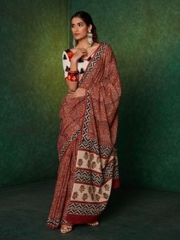 Likha - Red Mulmul Handblocked Bagru Saree with Unstitched Blouse