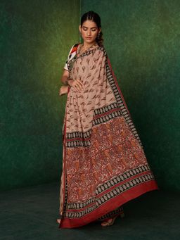 Likha - Beige Mulmul Handblocked Bagru Saree with Unstitched Blouse