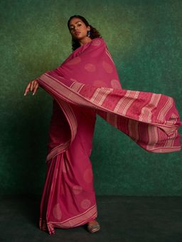 Likha - Pink Mulmul Handblocked Bagru Saree with Unstitched Blouse