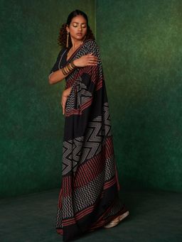 Likha - Black Mulmul Handblocked Bagru Saree with Unstitched Blouse