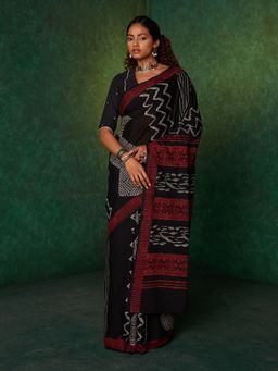Likha - Black Mulmul Handblocked Bagru Saree with Unstitched Blouse