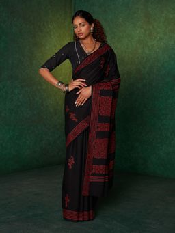 Likha - Black Mulmul Handblocked Bagru Saree with Unstitched Blouse
