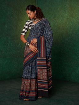 Likha - Navy Blue Mulmul Handblocked Bagru and Dabu Saree with Unstitched Blouse