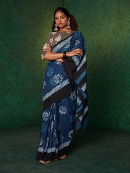 Likha - Blue Mulmul Handblocked Bagru and Dabu Saree with Unstitched Blouse
