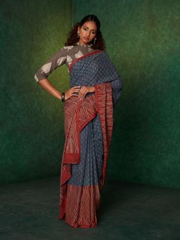 Likha - Blue Mulmul Handblocked Bagru and Dabu Saree with Unstitched Blouse LIKSAR109 (Free Size)