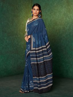 Likha - Blue Mulmul Handblocked Bagru and Dabu Saree with Unstitched Blouse