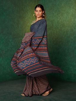 Likha - Navy Blue Mulmul Handblocked Bagru and Dabu Saree with Unstitched Blouse LIKSAR110 (Free Size)