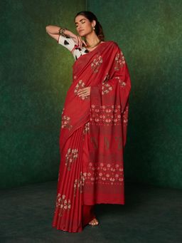Likha - Red Mulmul Handblocked Bagru and Dabu Saree with Unstitched Blouse