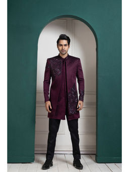 SMRITI - Plum Asymmetric Embroidered Bandhgala with Kurta and Pant