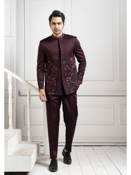 SMRITI - Wine Embroidered Wine Bandhgala and Pant Set
