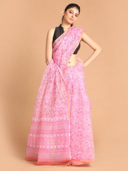 Indethnic - Pink Floral Super Net Saree with Unstitched Blouse